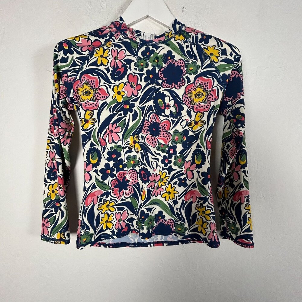 Roller Rabbit Womens Floral Long Sleeve Rash Guard Top Small Navy/Pink Stretch
